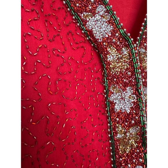 Vintage Laurence Kazer Silk beaded red formal cardigan Jacket Coat hoilday large - Picture 10 of 12